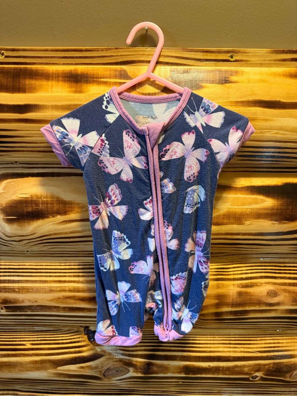 Little Sleepies Navy Blue Butterfly Print Pajamas with Pink Trim